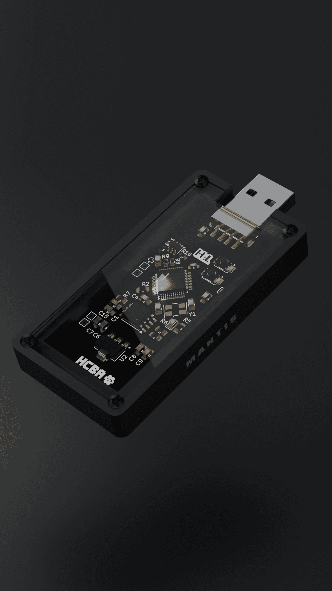 Karvi Labs Mantis USB HID keystroke injector in custom smoked-acrylic enclosure showcasing internal PCB architecture and gold test points.